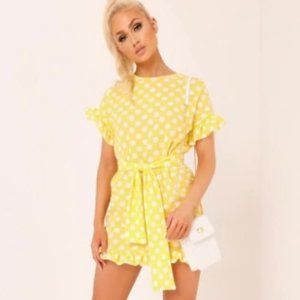 Lemon Polka Dot Tie Waist Ruffle Detail Dress S Yellow White
